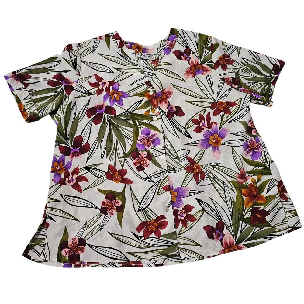 Maggie Sweet Size 2X Shirt Button Up Floral Tropical Sheer
